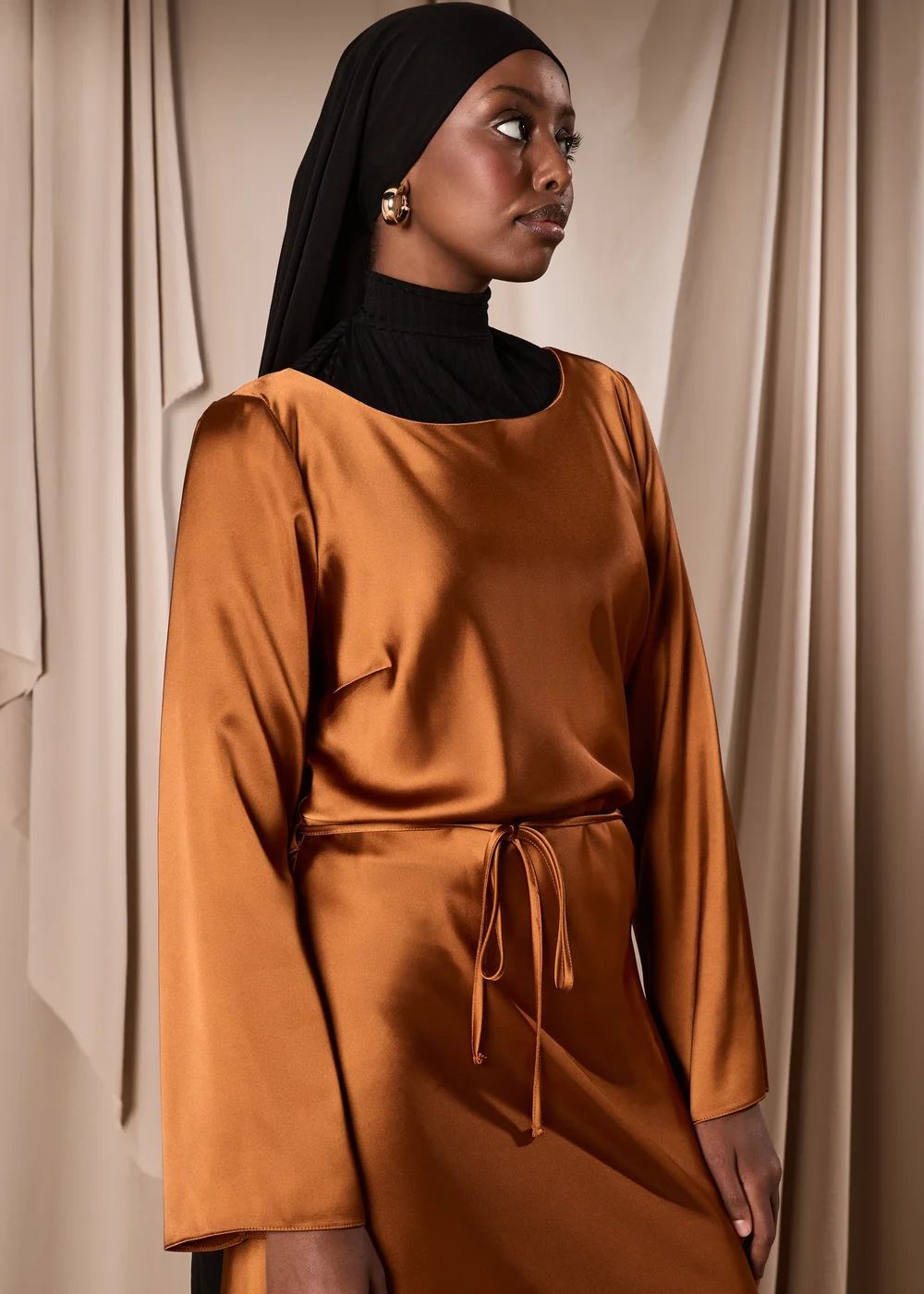 Rust Satin Belted Midi Dress - 8 Image 3