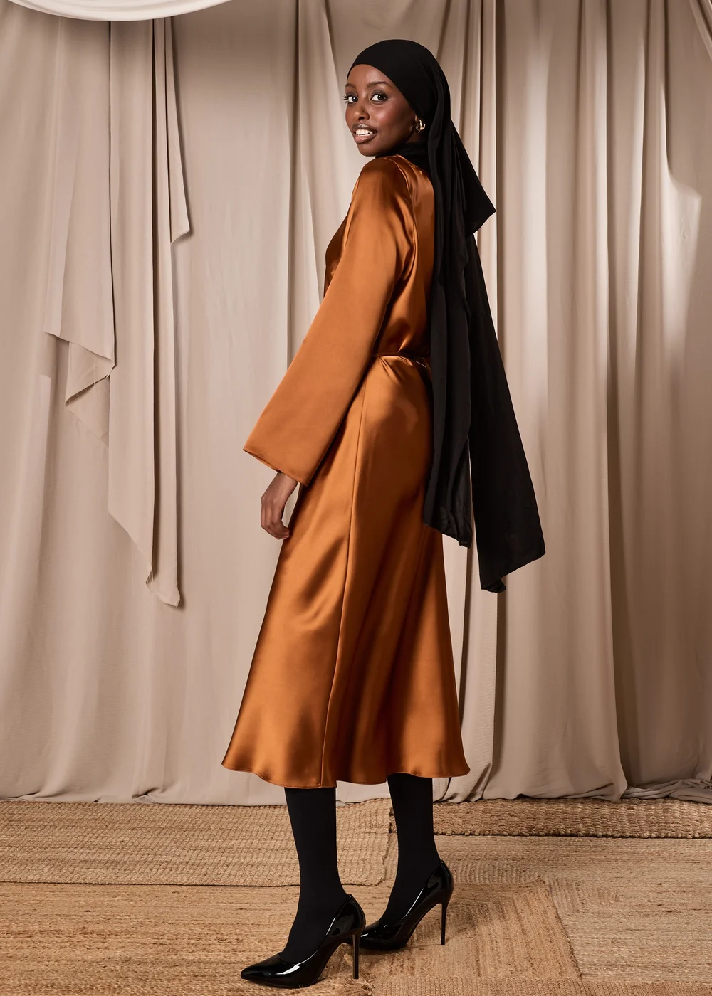 Rust Satin Belted Midi Dress - 8 Image 2