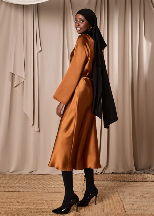 Rust Satin Belted Midi Dress - 8 Image 2