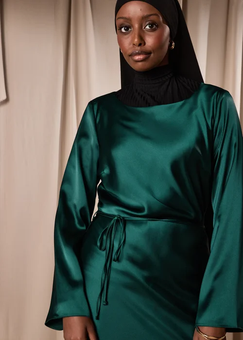 Green Satin Belted Midi Dress - 8 Image 3