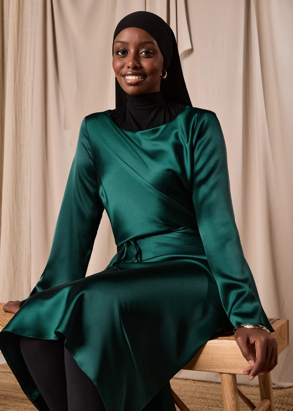 Green Satin Belted Midi Dress - 8 Image 4