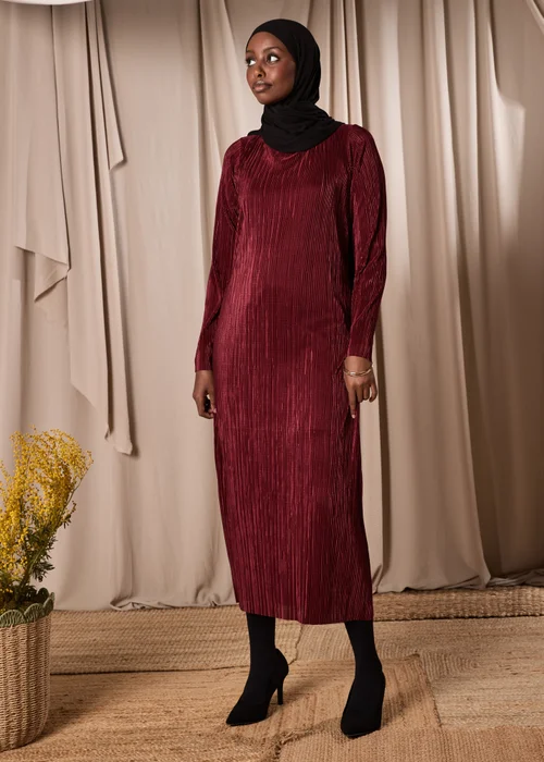 Burgundy Plisse Column Dress - 8 Image 1