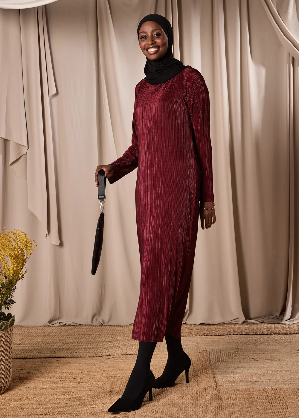 Burgundy Plisse Column Dress - 8 Image 4