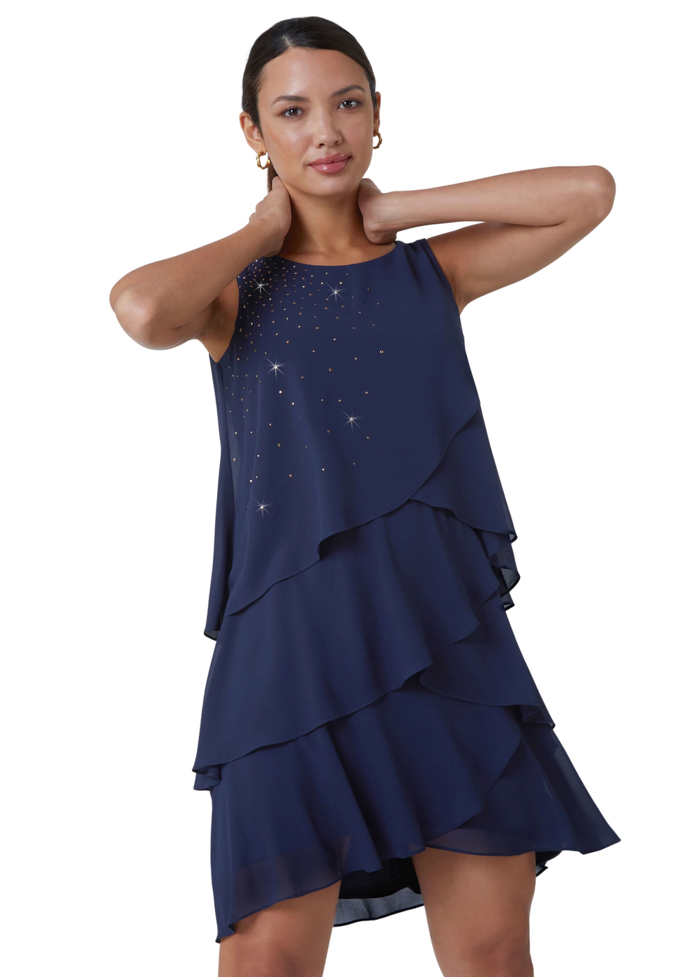 Roman Midnight Blue Embellished Chiffon Frill Swing Dress - 18 Image 1