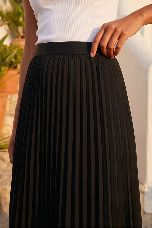 Roman Black Pleated Elastic Waist Maxi Skirt - 10 Image 4