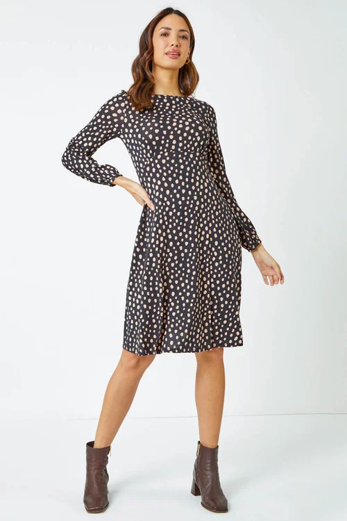 Roman Black Pebble Spot Stretch Skater Dress - 16 Image 1