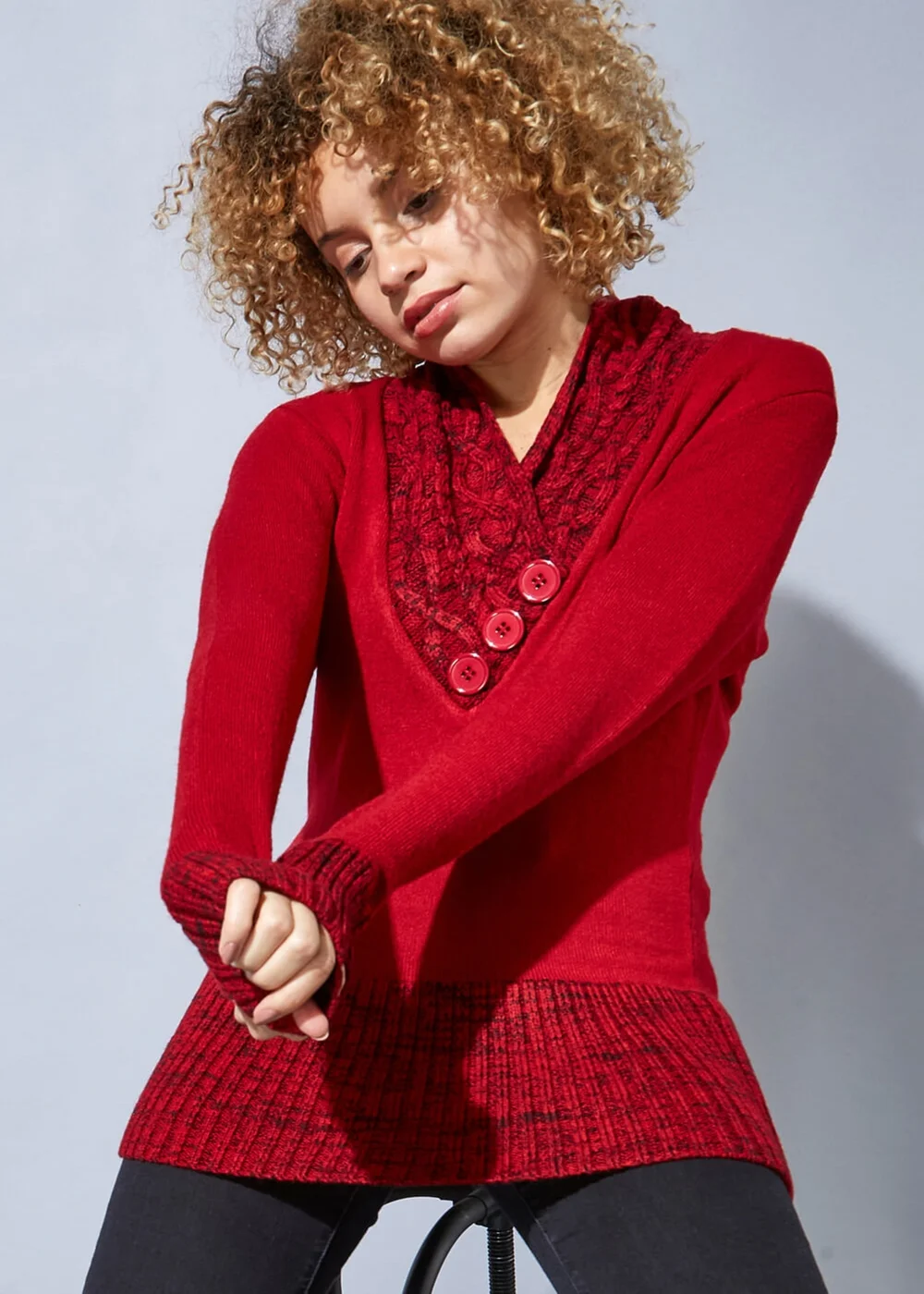 Roman Red V-Neck Overlap Button Detail Jumper - 10 Image 4