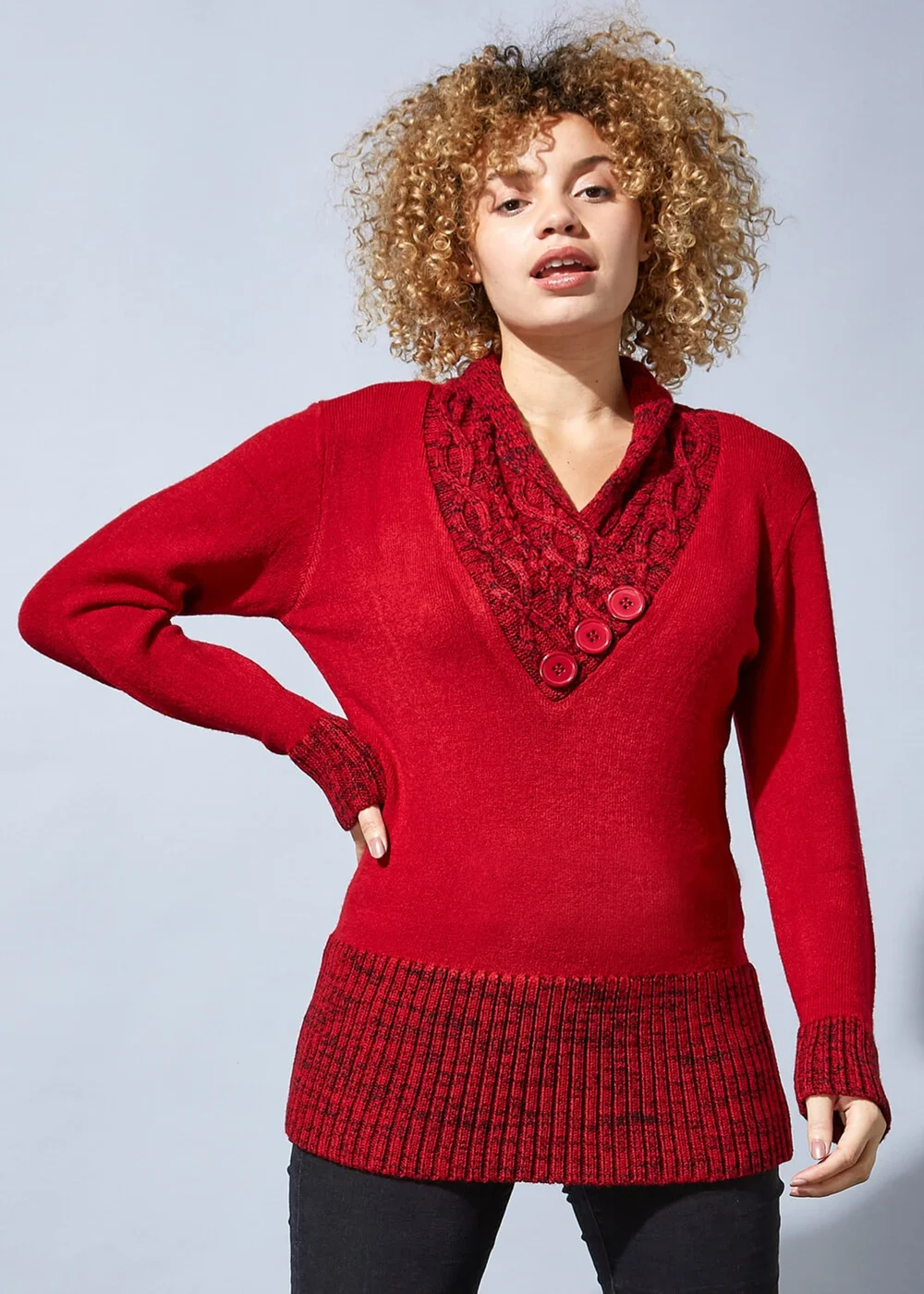 Roman Red V-Neck Overlap Button Detail Jumper - 10 Image 2