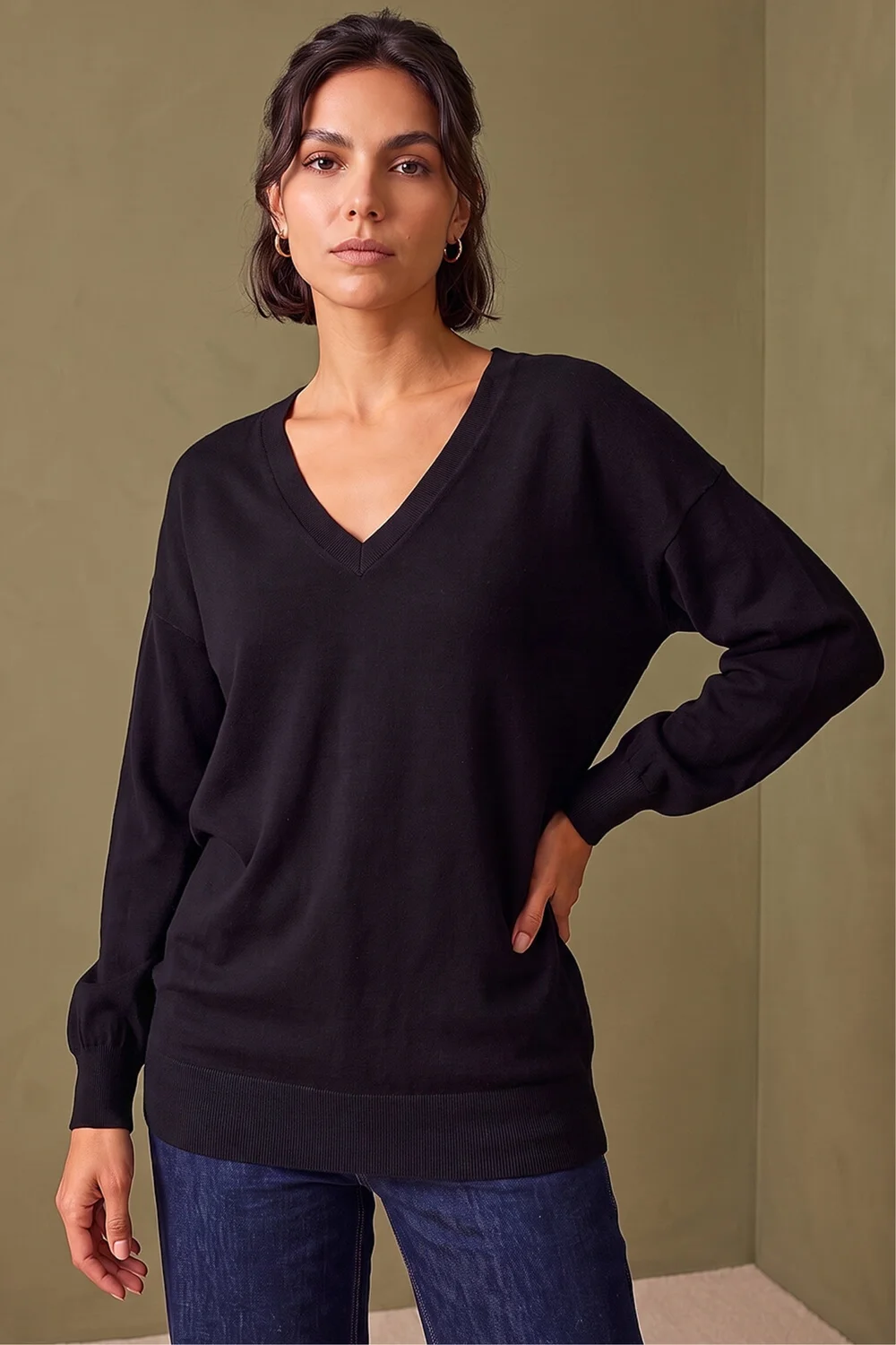 Roman Black Plain Stretch V-Neck Longline Jumper - 14 Image 1