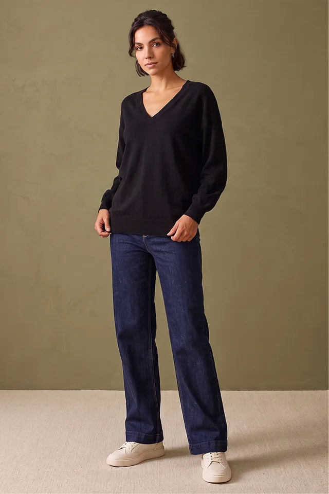Roman Black Plain Stretch V-Neck Longline Jumper