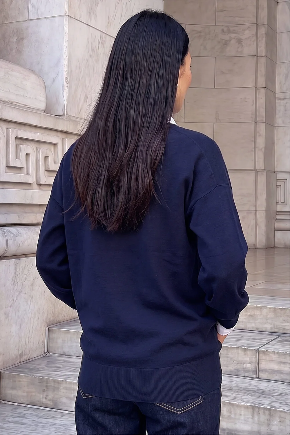 Roman Navy Plain Stretch V-Neck Longline Jumper - 16 Image 4