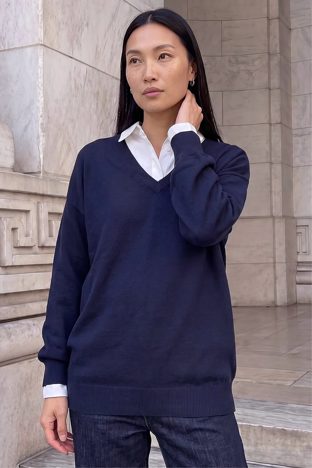 Roman Navy Plain Stretch V-Neck Longline Jumper - 16 Image 3