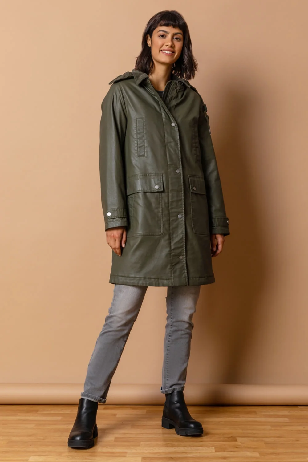Roman Khaki Waxed Longline Hooded Coat - 6 Image 3