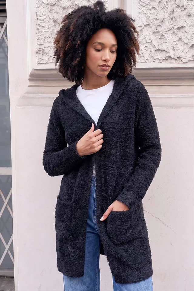 Roman Black Fluffy Hooded Cardigan