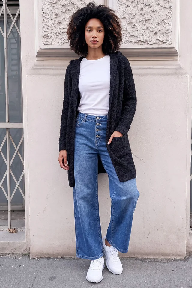 Roman Black Fluffy Hooded Cardigan
