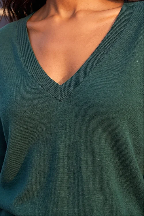 Roman Dark Green Plain V-Neck Stretch Longline Jumper - 12 Image 4