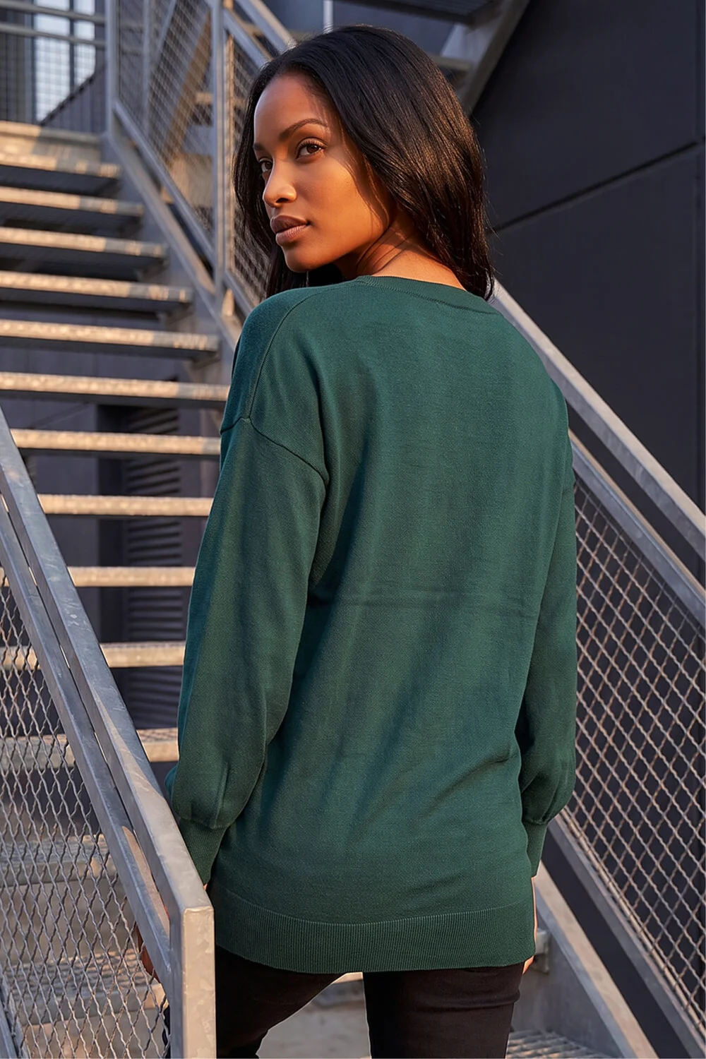 Roman Dark Green Plain V-Neck Stretch Longline Jumper - 12 Image 2