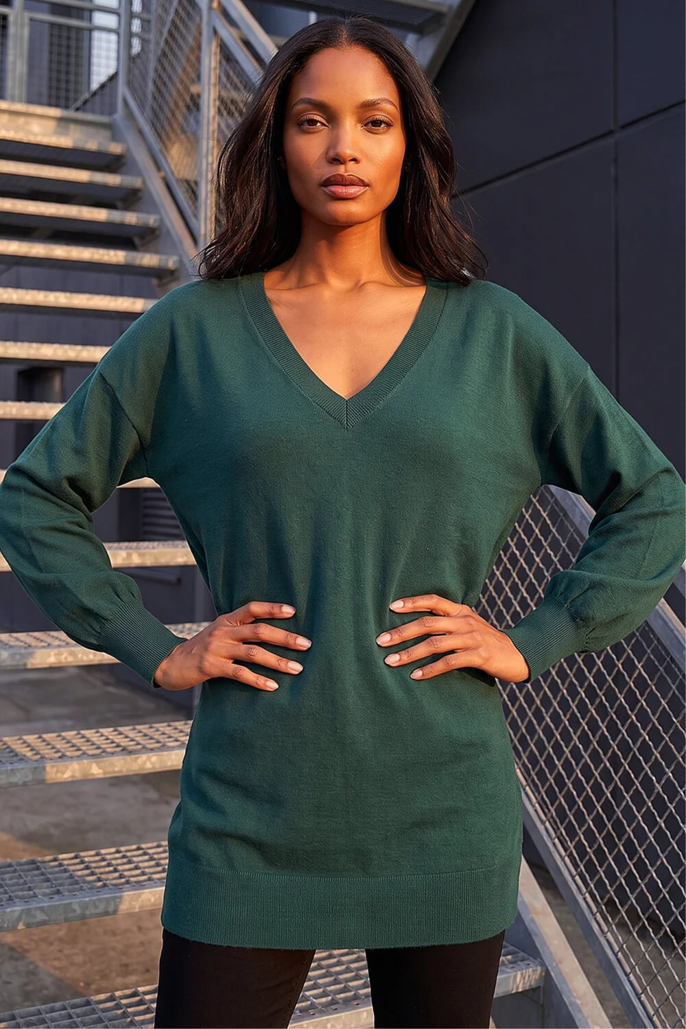 Roman Dark Green Plain V-Neck Stretch Longline Jumper - 12 Image 1
