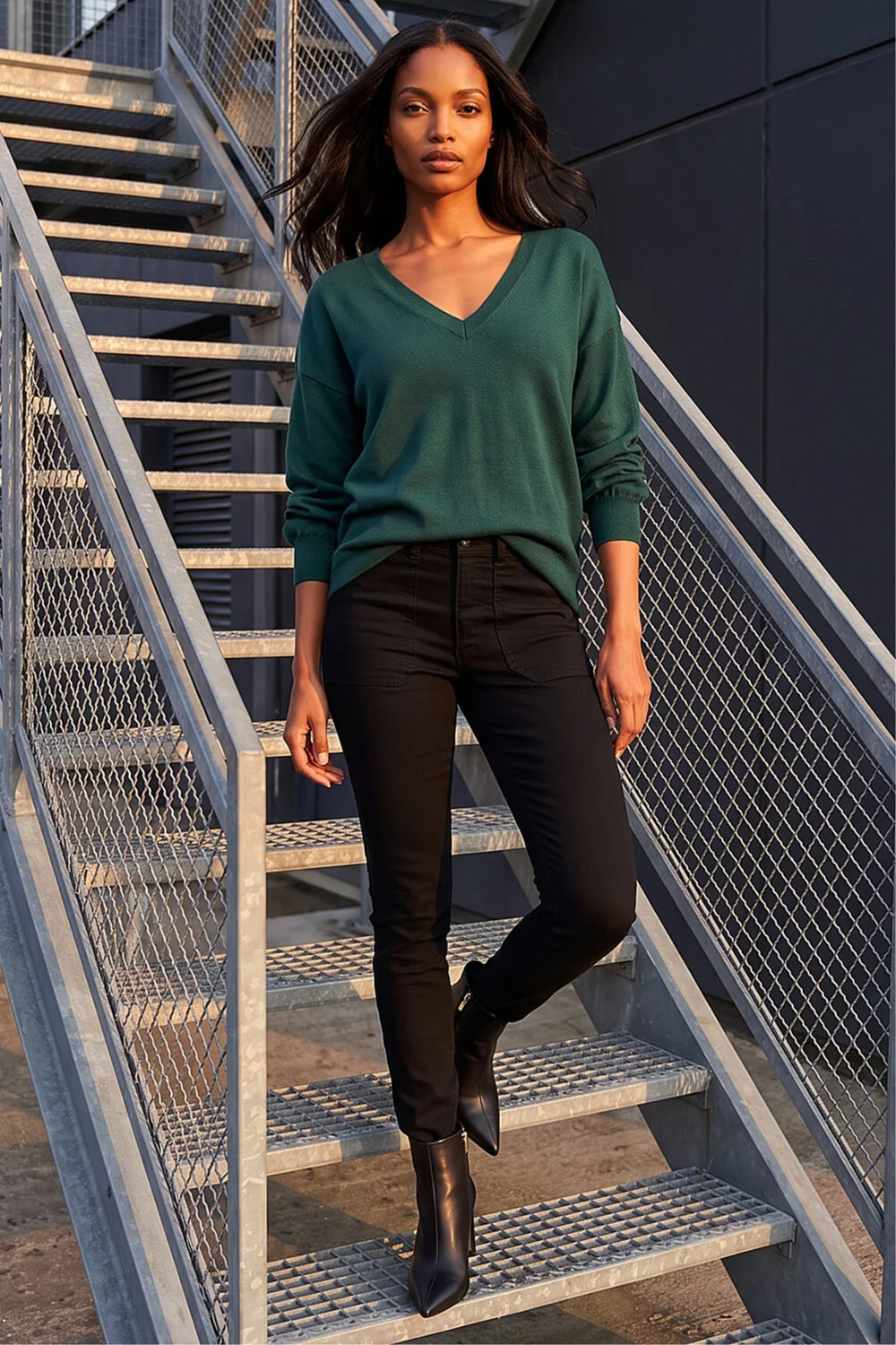 Roman Dark Green Plain V-Neck Stretch Longline Jumper - 12 Image 3