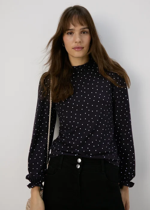 Black Spotted Piecrust Collar Jersey Top - Size 8 Image 1
