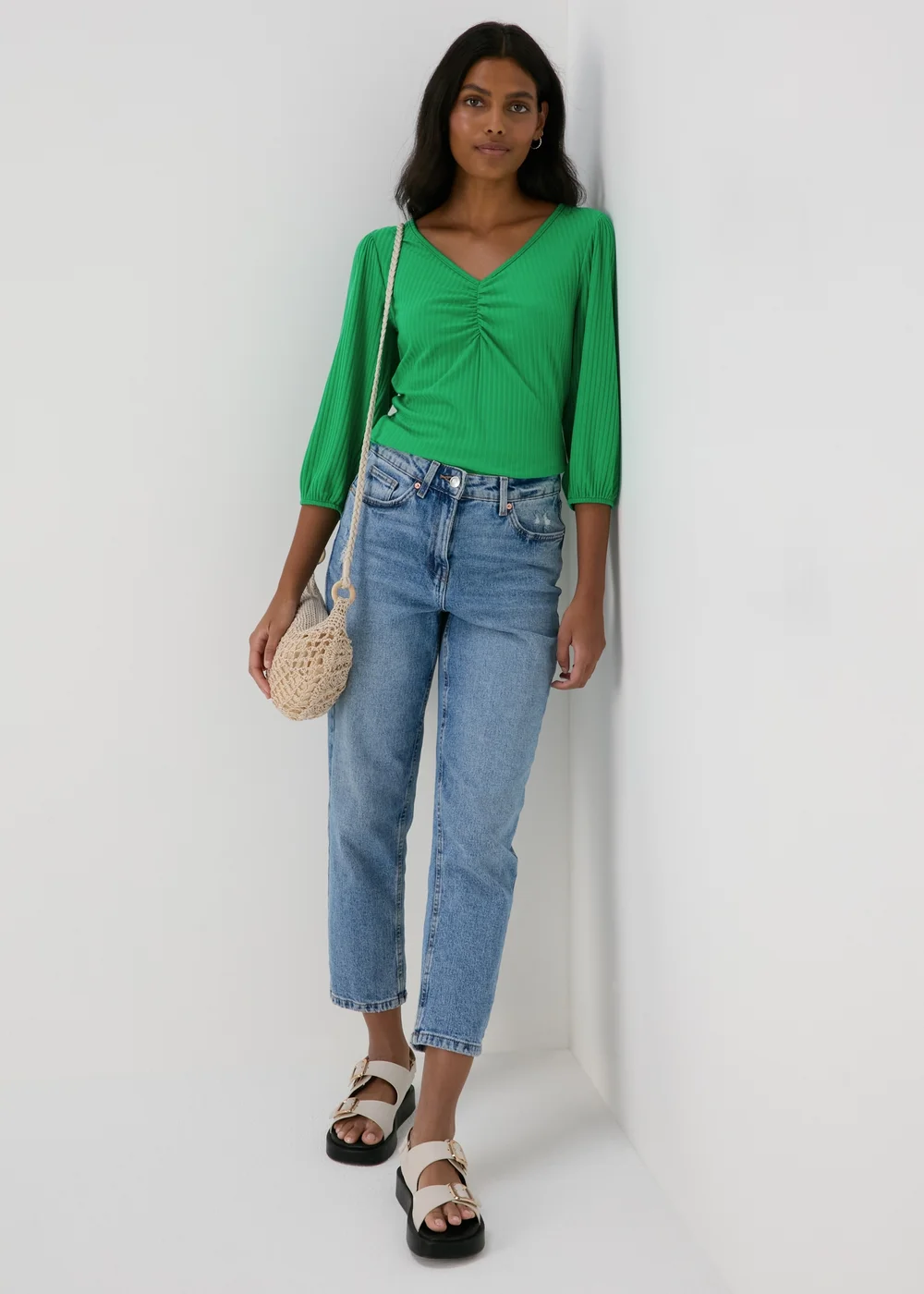 Green Balloon Sleeve Ruched Top - Size 8 Image 1