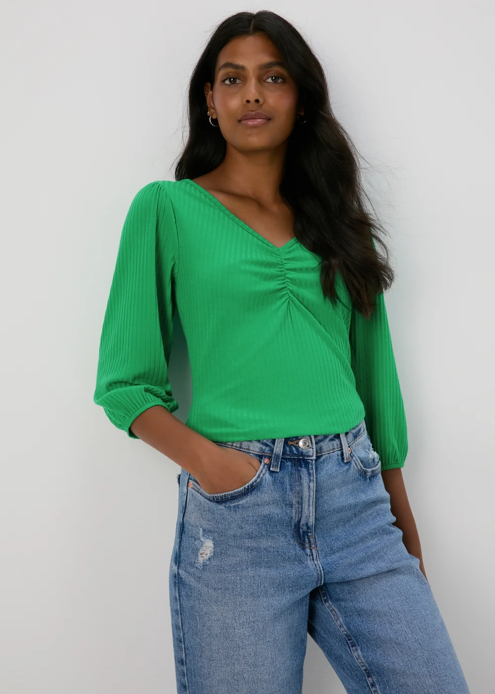 Green Balloon Sleeve Ruched Top - Size 8 Image 4