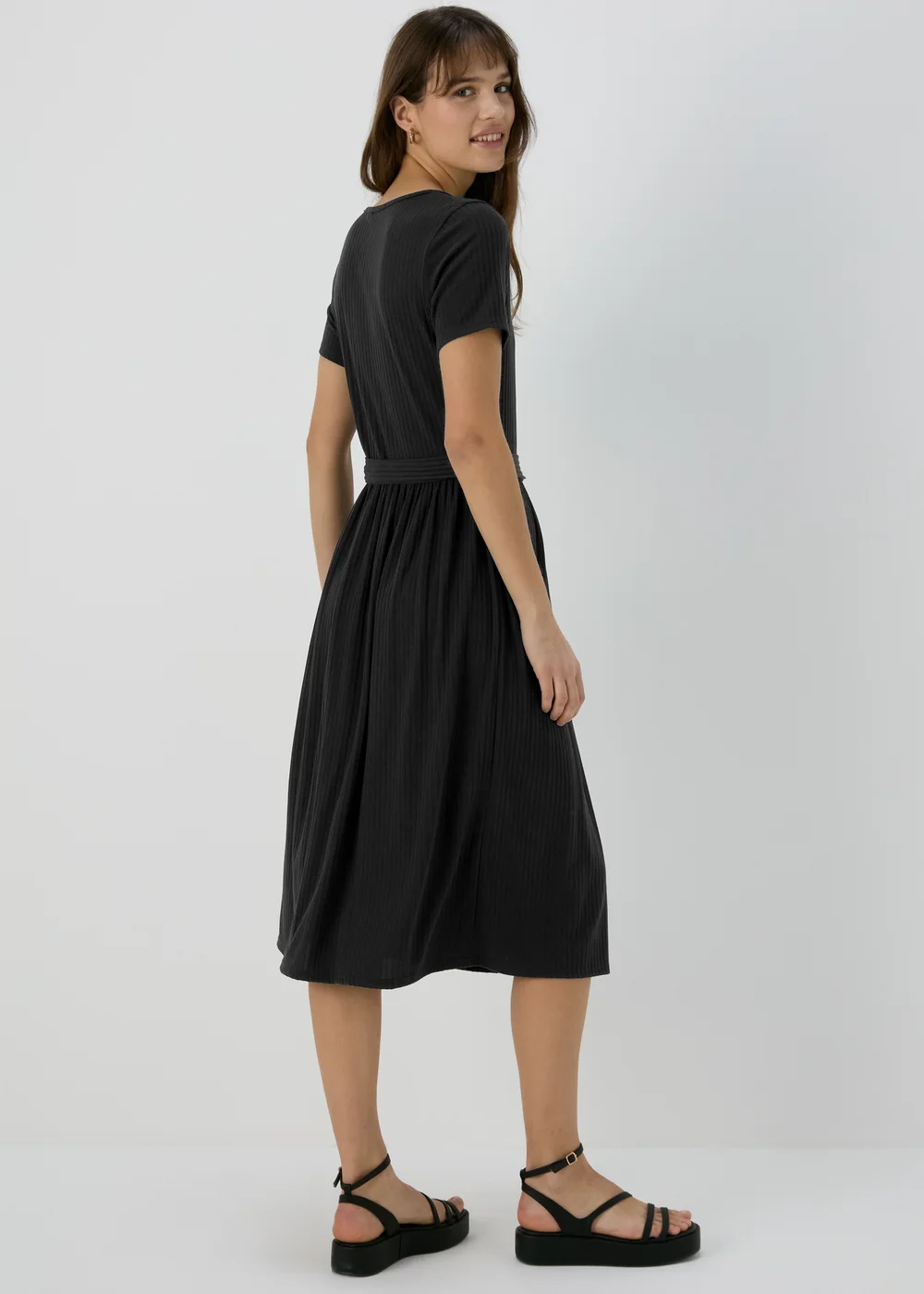 Black Belted Ribbed Midi Dress - 8 Image 2