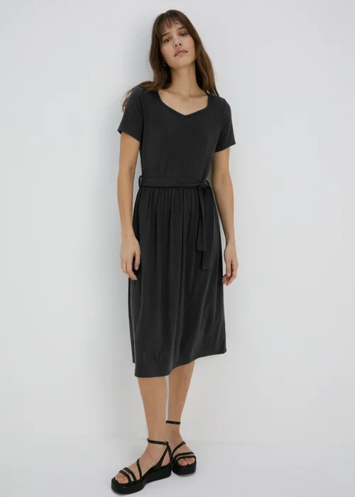 Black Belted Ribbed Midi Dress - 8 Image 1