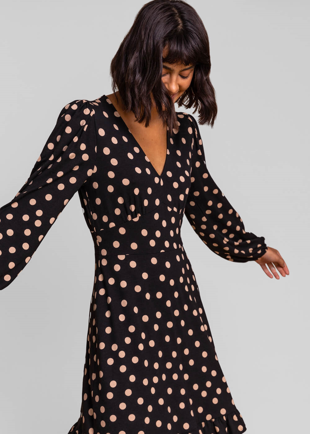 Roman Black Frill Detail Spot Stretch Dress - 10 Image 2