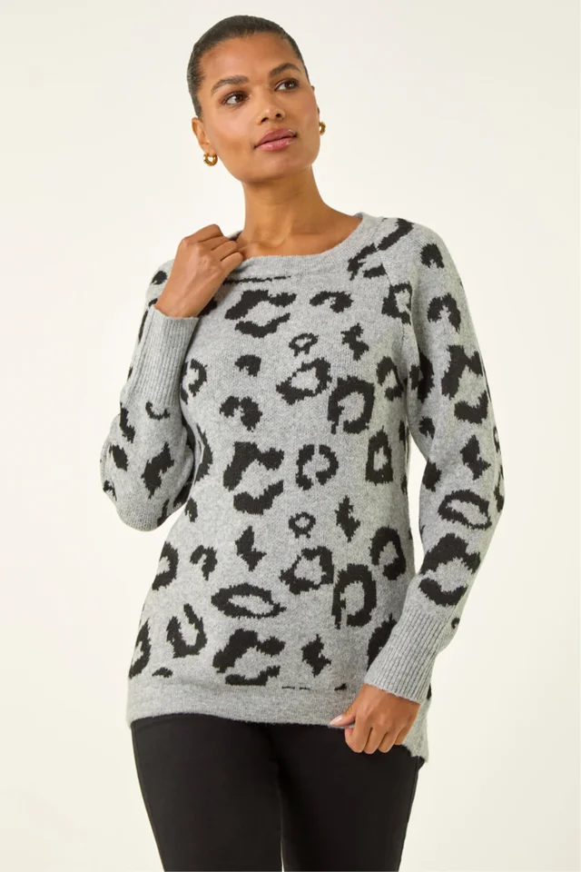 Roman Grey Jacquard Animal Print Jumper
