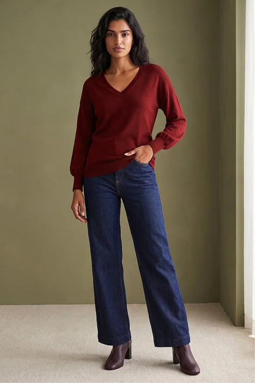 Roman Red Plain V-Neck Stretch Longline Jumper - 10 Image 2