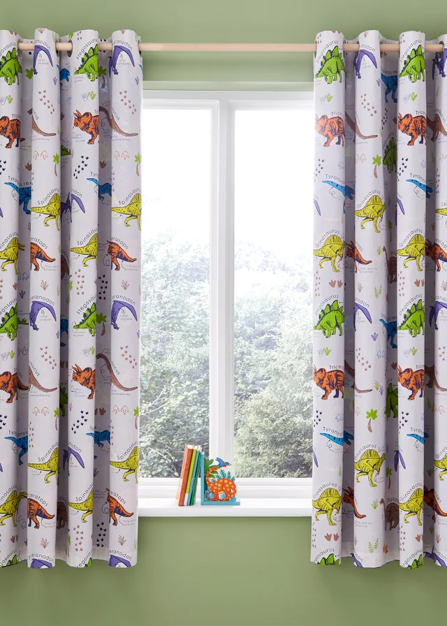 Catherine Lansfield Prehistoric Dinosaurs Fully Reversible Curtains Natural/Blue