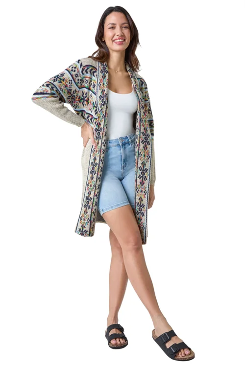 Roman Natural Nordic Patterned Longline Cardigan - 6 Image 1