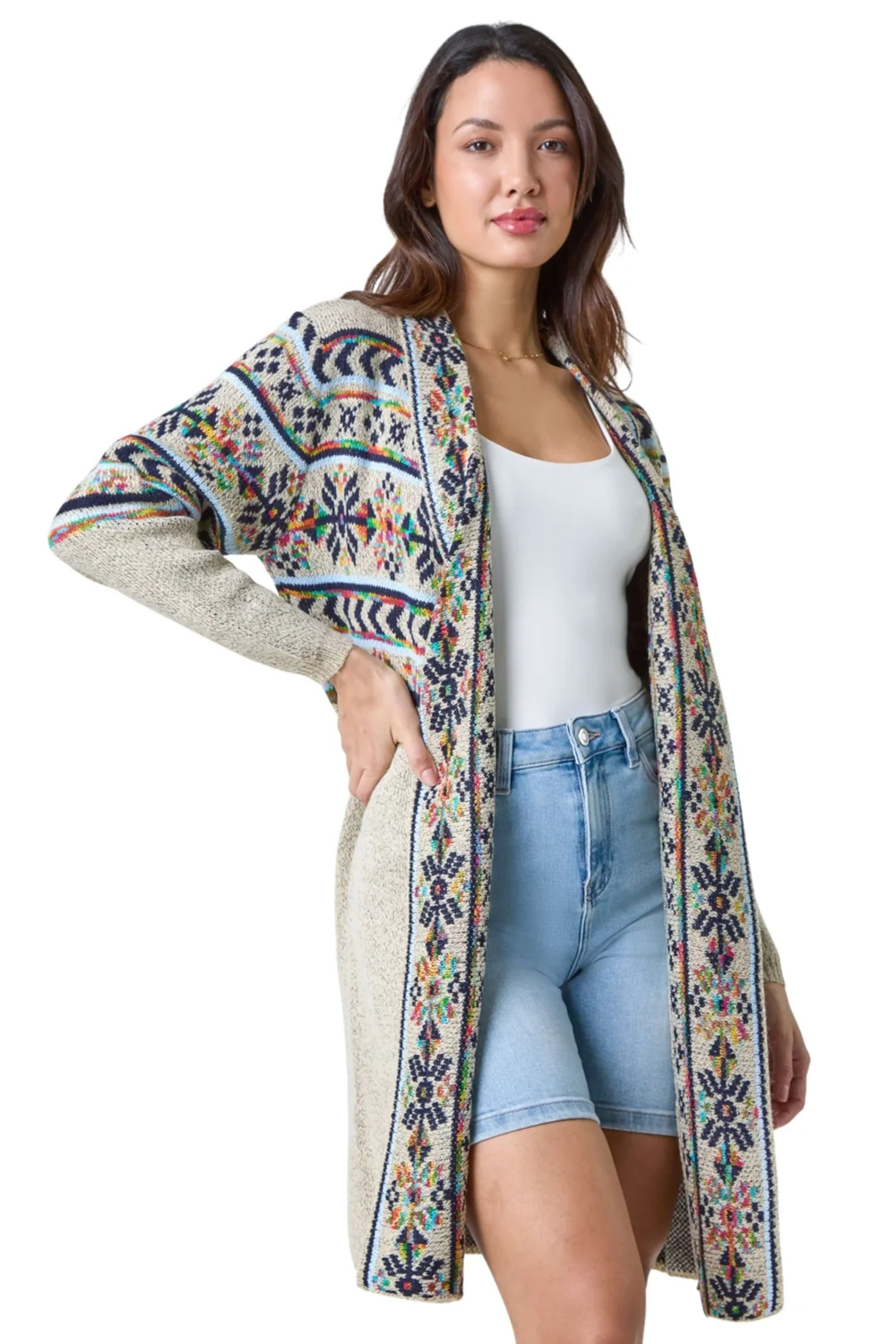 Roman Natural Nordic Patterned Longline Cardigan - 6 Image 2