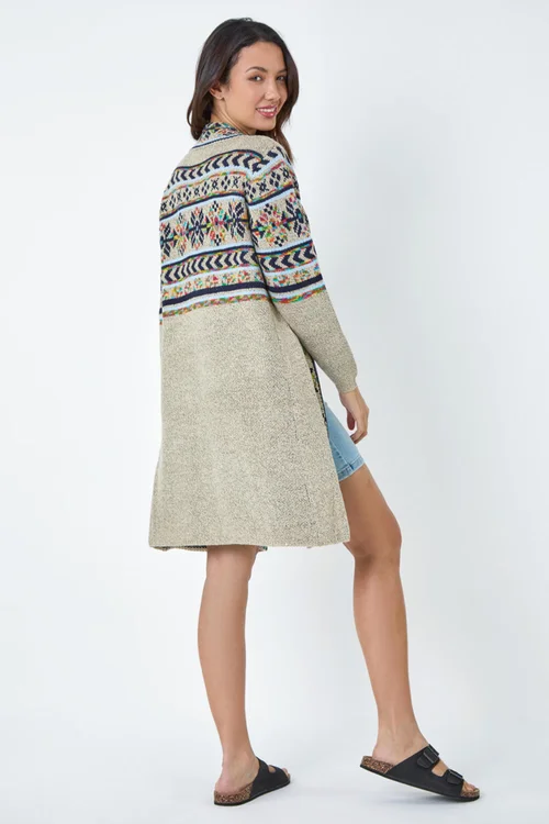 Roman Natural Nordic Patterned Longline Cardigan - 6 Image 4