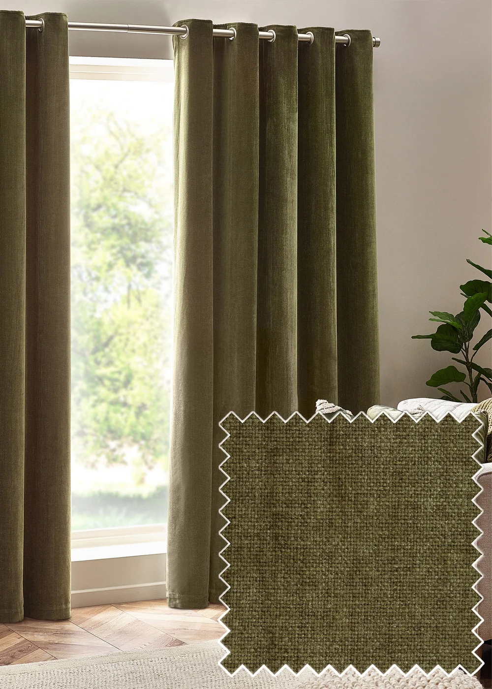 Yard Heavy Chenille Velvet Eyelet Curtains Olive - 90W X 54D Image 1