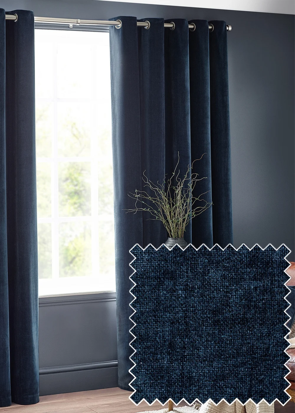 Yard Heavy Chenille Velvet Eyelet Curtains Navy - ZAC Image 1