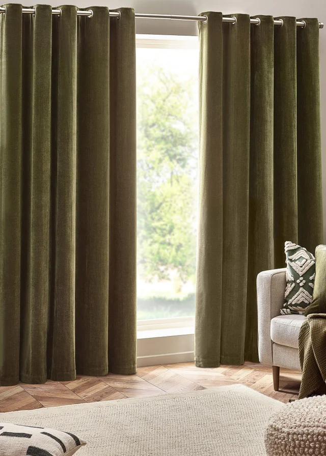 Yard Heavy Chenille Velvet Eyelet Curtains Olive