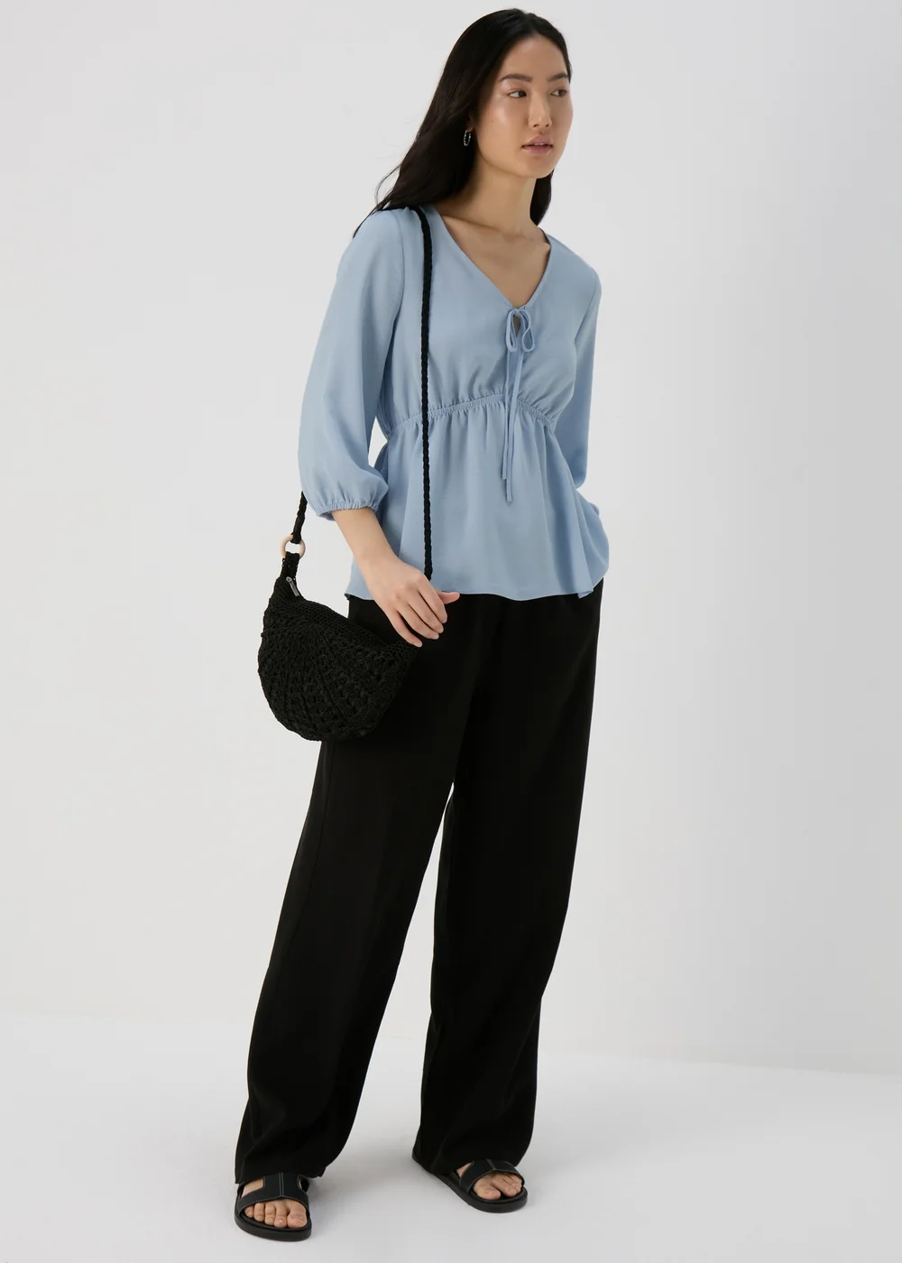 Blue Tie Detail V Neck Blouse Top - 8 Image 4