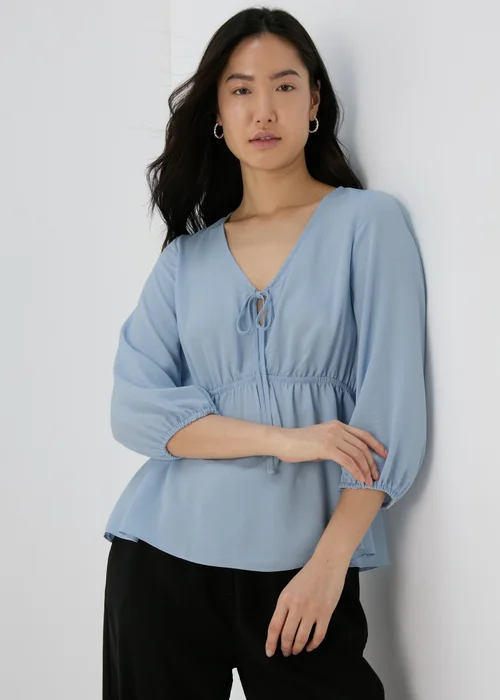 Blue Tie Detail V Neck Blouse Top - 8 Image 1