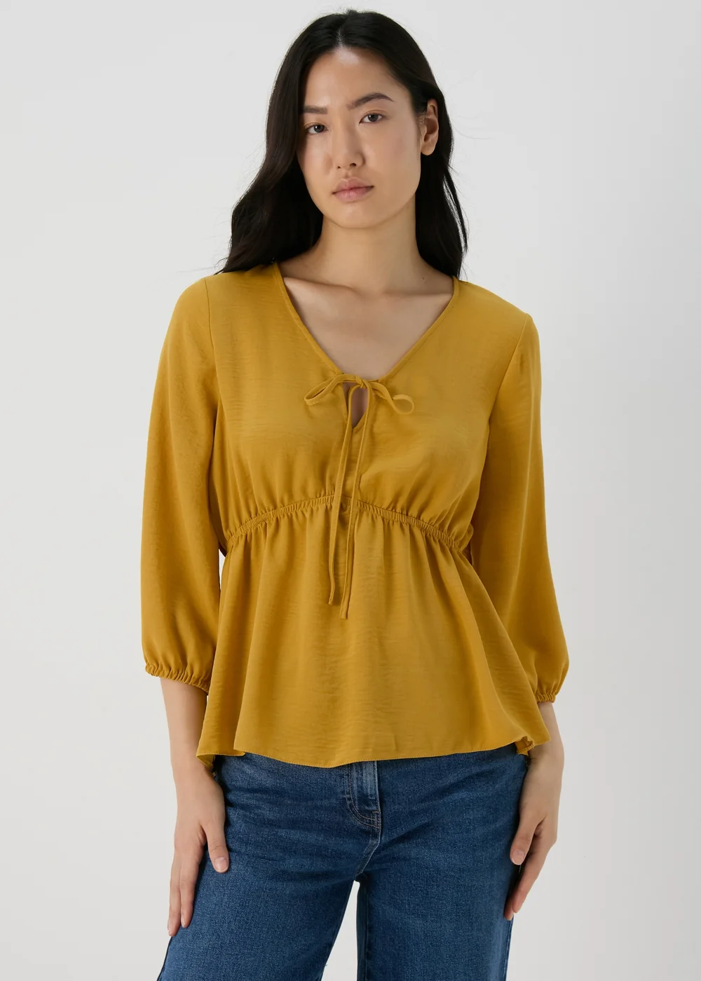 Mustard Tie Detail V Neck Blouse Top - 8 Image 1