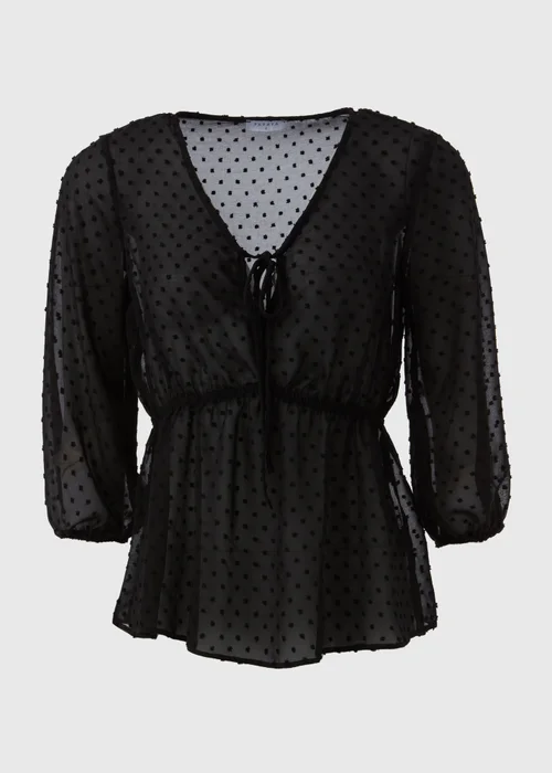 Black Tie Detail V Neck Dobby Blouse Top - Size 8 Image 5