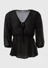 Black Tie Detail V Neck Dobby Blouse Top - Size 8 Image 5