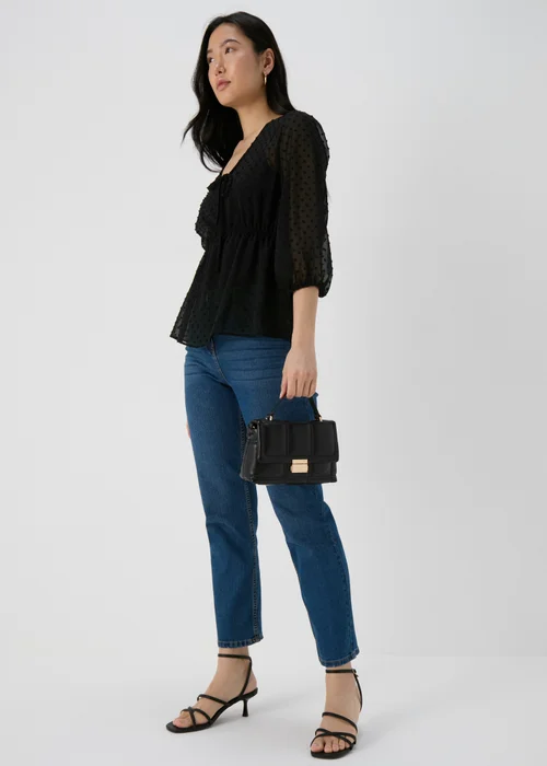 Black Tie Detail V Neck Dobby Blouse Top - Size 8 Image 4