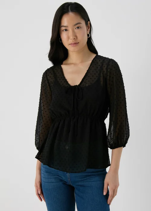 Black Tie Detail V Neck Dobby Blouse Top - Size 8 Image 1