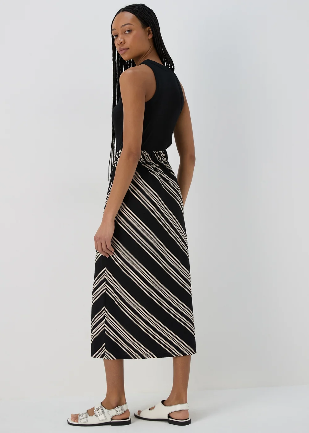 Black Mono Stripe Jersey Midi Skirt - Size 8 Image 2