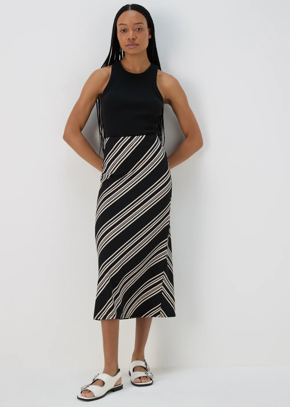 Black Mono Stripe Jersey Midi Skirt - Size 8 Image 1