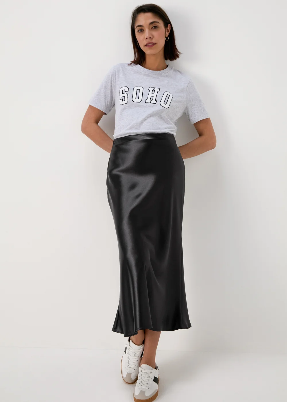Papaya Black Satin Midi Skirt - Size 8 Image 1