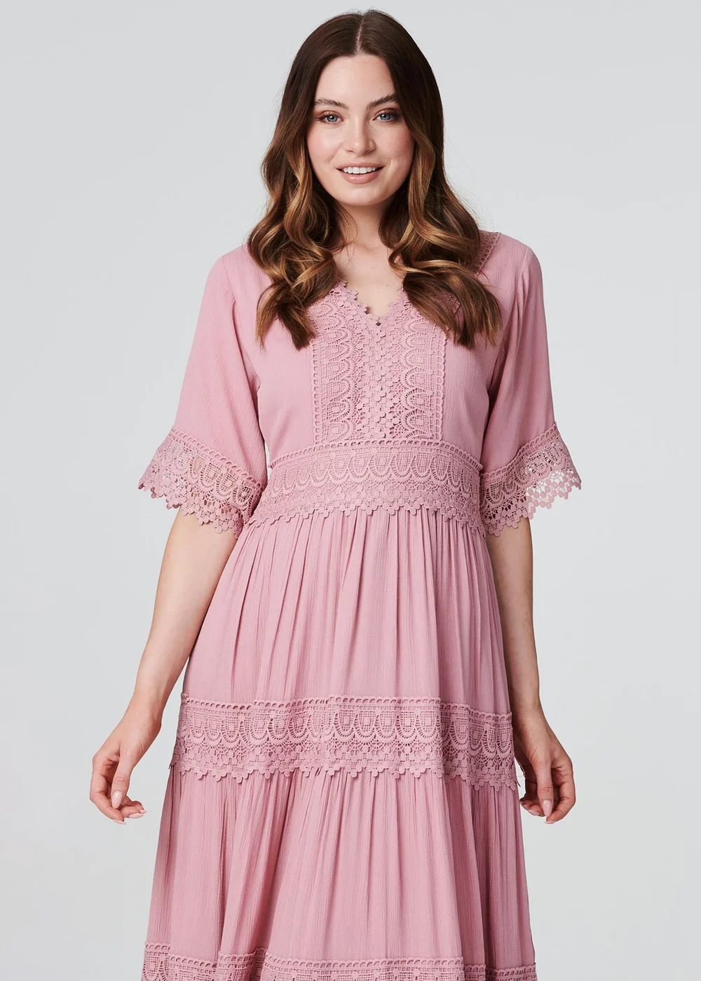 Izabel London Pink Short Sleeve Crochet Maxi Dress - 8 Image 4