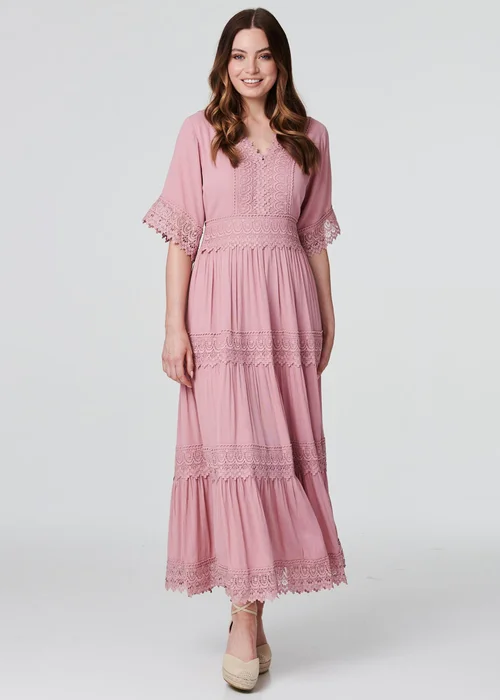 Izabel London Pink Short Sleeve Crochet Maxi Dress - 8 Image 1